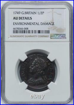 England George II 1749 1/2d Half Penny Coin, Ngc Certified Almost Unc. Det