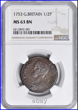 England George II 1753 1/2d Half Penny Coin, Uncirculated Ngc Certified Ms63-bn