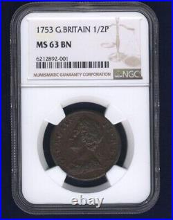 England George II 1753 1/2d Half Penny Coin, Uncirculated Ngc Certified Ms63-bn