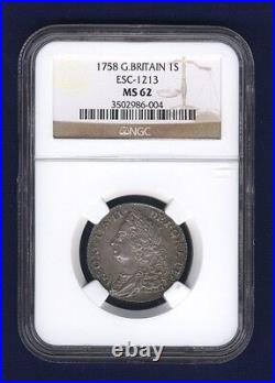 England George II 1758 1 Shilling Silver Coin, Certified By Ngc Ms62