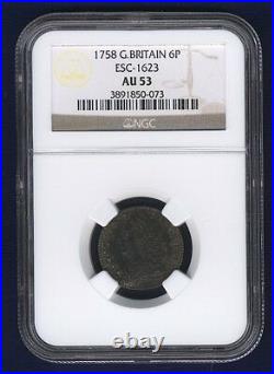 England George II 1758 Sixpence Coin, Almost Uncirculated, Certified Ngc Au-53