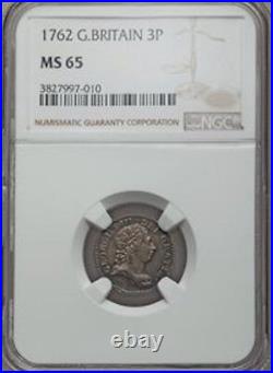 England George III 1762 Threepence Silver Coin, Uncirculated Certified Ngc Ms65