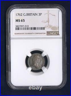 England George III 1762 Threepence Silver Coin, Uncirculated Certified Ngc Ms65