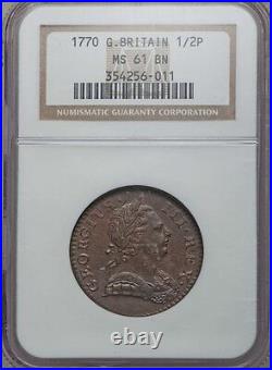 England George III 1770 Half Penny Copper Coin, Uncirculated Certified Ngc Ms61