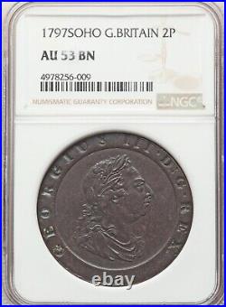 England George III 1797-soho Two Pence Copper Coin, Certified Ngc Au-53-bn