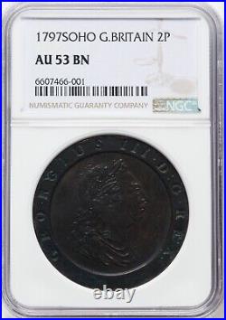 England George III 1797-soho Two Pence Copper Coin, Certified Ngc Au-53-bn