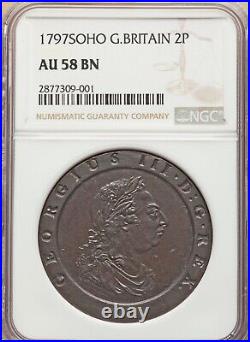 England George III 1797-soho Two Pence Copper Coin, Certified Ngc Au-58-bn