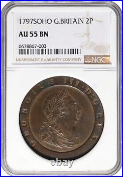 England George III 1797-soho Two Pence Copper Coin, Ngc Certified Au-55-bn