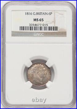 England George III 1816 Sixpence Silver Coin, Uncirculated Certified Ngc Ms65