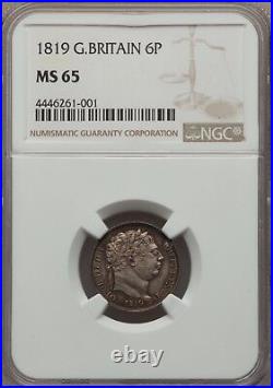 England George III 1819 Sixpence Silver Coin, Uncirculated Certified Ngc Ms65
