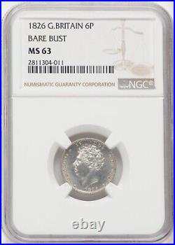 England George IV 1826 Sixpence Silver Coin, Uncirculated, Ngc Certified Ms63