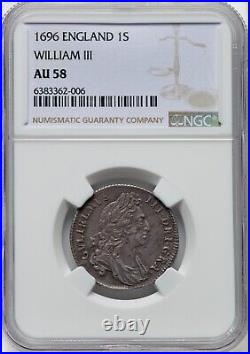 England William III 1696 1 Shilling Coin Almost Uncirculated, Ngc Certified Au58