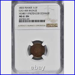 France Henri V Pretender 1833 1/2 Franc Bronze Coin Certified Ngc Ms 61-bn