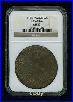 France Louis XV 1716-b Ecu Silver Coin, Almost Uncirculated Certified Ngc Au53