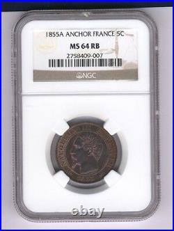 France Napoleon III 1855-a 5 Centimes Coin Uncirculated, Ngc Certified Ms-64-rb