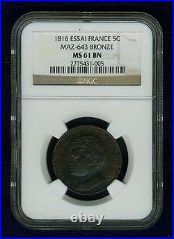 France Republic 1816 5 Centimes Essai, Uncirculated & Certified Ngc Ms61-bn