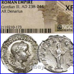 GORDIAN III Pietas NGC Certified Ancient XF RARE in RIC #129 Roman Denarius Coin