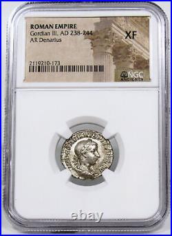GORDIAN III Pietas NGC Certified Ancient XF RARE in RIC #129 Roman Denarius Coin