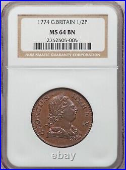 Great Britain George III 1774 Half Penny, Uncirculated, Ngc Certified Ms64-bn