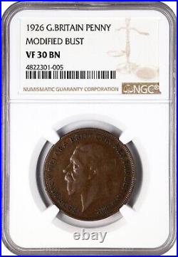 Great Britain George V 1926 1 Penny Coin, Modified Bust, Ngc Certified Vf30-bn