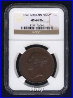 Great Britain Victoria 1848 1 Penny Coin, Uncirculated, Certified Ngc Ms64-bn