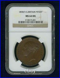 Great Britain Victoria 1858/3 1 Penny Coin, Uncirculated, Certified Ngc Ms64-bn