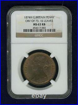 Great Britain Victoria 1874-h Penny Coin, Uncirculated, Certified Ngc Ms63-rb