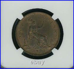 Great Britain Victoria 1874-h Penny Coin, Uncirculated, Certified Ngc Ms63-rb