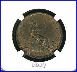 Great Britain Victoria 1874-h Penny Coin, Uncirculated, Certified Ngc Ms63-rb