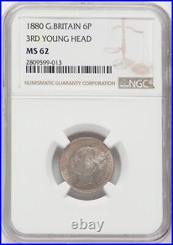 Great Britain Victoria 1880 Sixpence Uncirculated Silver Coin Ngc Certified Ms62
