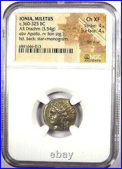 Greek Ionia Miletus AR Drachm Silver Lion Coin 360 BC. Certified NGC Choice XF