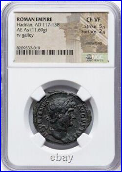 Hadrian 117-138 AD, 5/5 GALLEY TRIREME SHIP, Roman Empire AE As Coin NGC, Ch VF