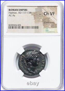 Hadrian 117-138 AD GALLEY TRIREME SHIP BOAT, Roman Empire AE As Coin NGC, Ch VF