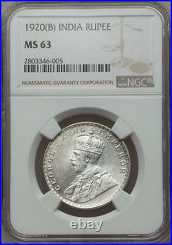 India British King George V 1920-(b) 1 Rupee Silver Coin, Certified Ngc Ms63