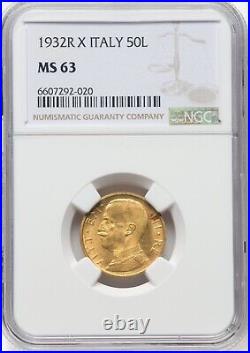 Italy 1932-r Yr. X 50 Lire Uncirculated Gold Coin, Ngc Certified Ms63