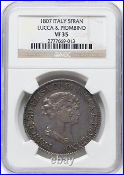 Italy Italian States Lucca & Piombino 1807 5 Franchi Coin, Ngc Certified Vf35