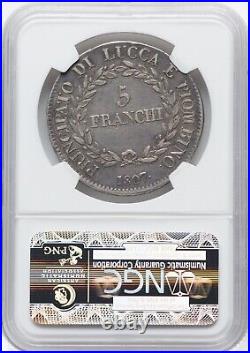 Italy Italian States Lucca & Piombino 1807 5 Franchi Coin, Ngc Certified Vf35