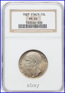 Italy Kingdom 1927-r 10 Lire Silver Coin, Uncirculated And Ngc Certified Ms62