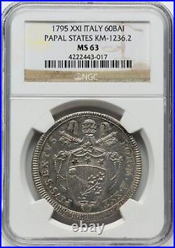 Italy Papal States 1795 XXI 60 Baiocchi Silver Coin, Unc, Ngc Certified Ms63