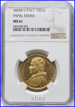 Italy Papal States 1835-b 10 Scudi Gold Coin Uncirculated, Ngc Certified Ms-61