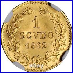 Italy Papal States 1862-r 1 Scudo Gold Coin Uncirculated, Certified Ngc Ms-64