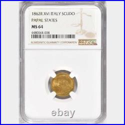 Italy Papal States 1862-r 1 Scudo Gold Coin Uncirculated, Certified Ngc Ms-64