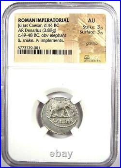 Julius Caesar AR Denarius Silver Elephant Roman Coin 49 BC Certified NGC AU