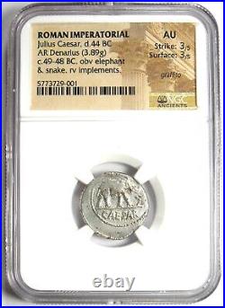 Julius Caesar AR Denarius Silver Elephant Roman Coin 49 BC Certified NGC AU