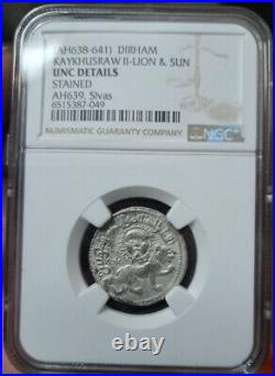 Kaykhusraw II AH639, Lion And Sun Silvas Silver DIRHAM N. G. C. CERTIFIED GRADED