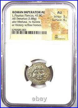 L. Plautius Plancus AR Denarius Medusa Silver Coin 47 BC Certified NGC AU