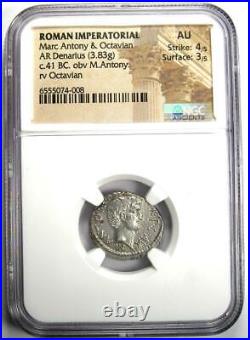 Marc Antony and Octavian AR Denarius Roman Silver Coin 41 BC Certified NGC AU