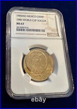 Mexico World Cup 1985 500 Pesos Gold Coin, Gem Uncirculated, Ngc Certified Ms-67