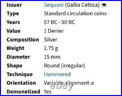 NGC Celtic Sequani Tribe Coin 57BC-50BC Certified Gaul Genuine Ancient Silver