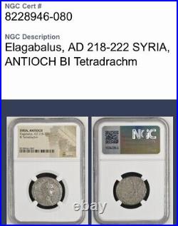 NGC Certified Emperor Elagabalus 218-222 AD Tetradrachm Coin Roman Eagle Genuine